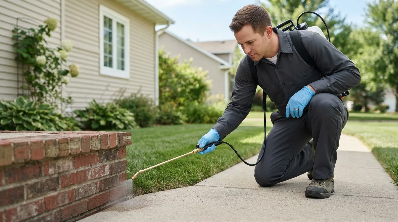 Pest control technician treating a home near Cerrillos, NM